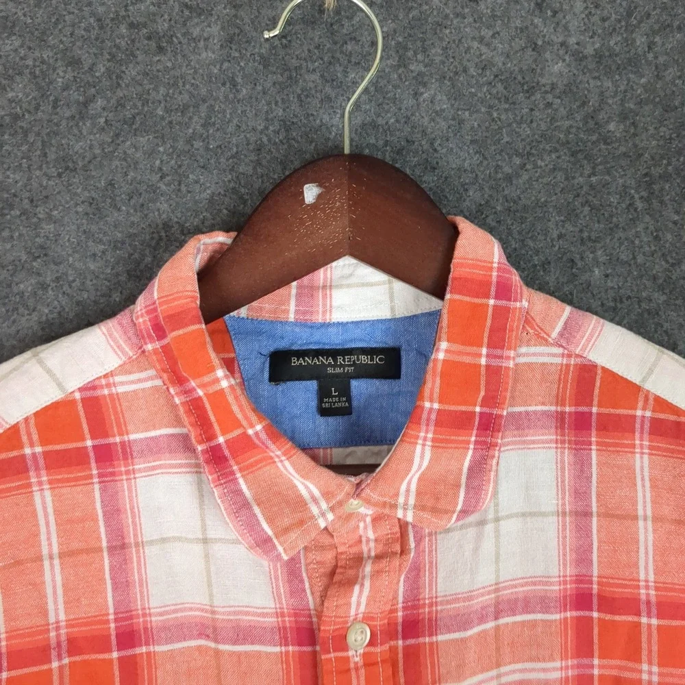 Banana Republic Slim Fit Plaid Button Down Shirt Mens Large Orange White Linen